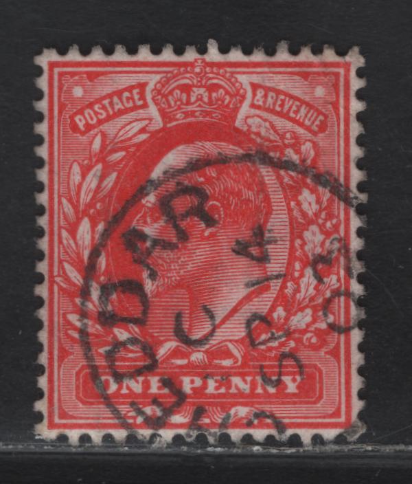 Lot 200 Great Britain SC#128var (SG#220 (Spec M5(3))) 1d Deep Bright Scarlet King Edward VII, 1902-1910 King Edward VII Issue,  Very Fine Used Singles, September 14 1903 Cheddar CDS