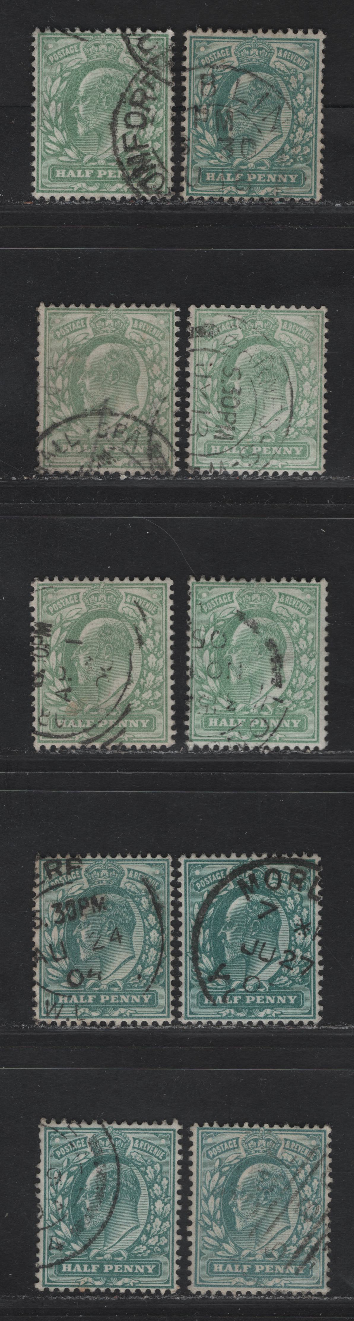 Lot 2 Great Britain SC#127a (SG#215-219 (Spcialized M1c1-M1(3) - M2(1) & M2(2)) 1/2d Deep Blue Green - Pale Bluish Green King Edward VII, 1902-1910 King Edward VII Issue, 9 Fine/Very Fine Used Singles, All Listed & Some Unlisted Shades.