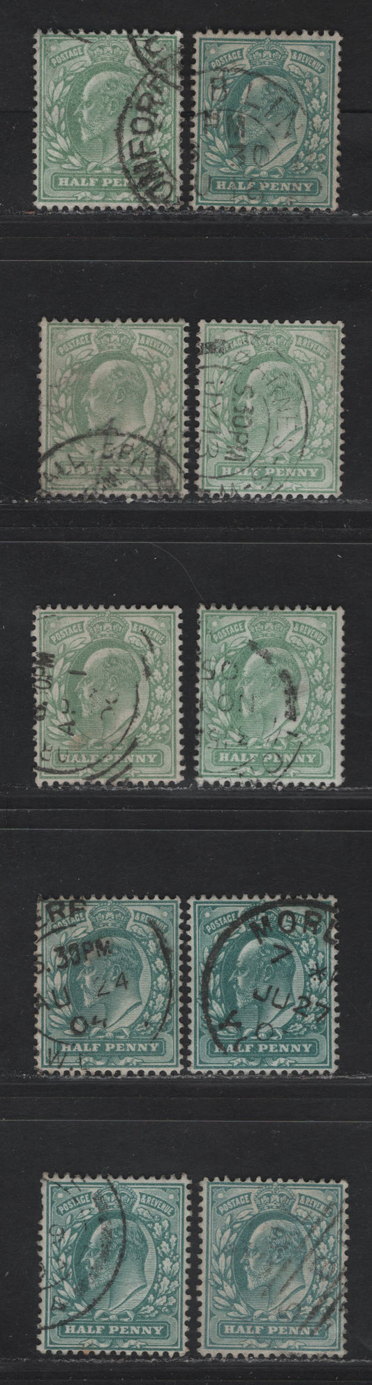 Lot 2 Great Britain SC#127a (SG#215-219 (Spcialized M1c1-M1(3) - M2(1) & M2(2)) 1/2d Deep Blue Green - Pale Bluish Green King Edward VII, 1902-1910 King Edward VII Issue, 9 Fine/Very Fine Used Singles, All Listed & Some Unlisted Shades.