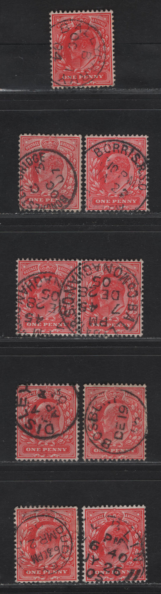 Lot 201 Great Britain SC#128&var (SG#219-220 (Spec M5(1)-M5(3))) 1d Scarlet - Deep Bright Scarlet King Edward VII, 1902-1910 King Edward VII Issue,  Fine/Very Fine Used Singles, B & D Single Circle Town & Village CDS Cancels