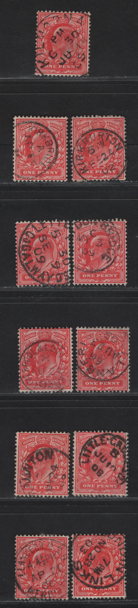 Lot 204 Great Britain SC#128 (SG#219-220) 1d Scarlet - Bright Scarlet King Edward VII, 1902-1910 King Edward VII Issue,  Fine/Very Fine Used Singles, K & L Single Circle Village/Town CDS Cancels