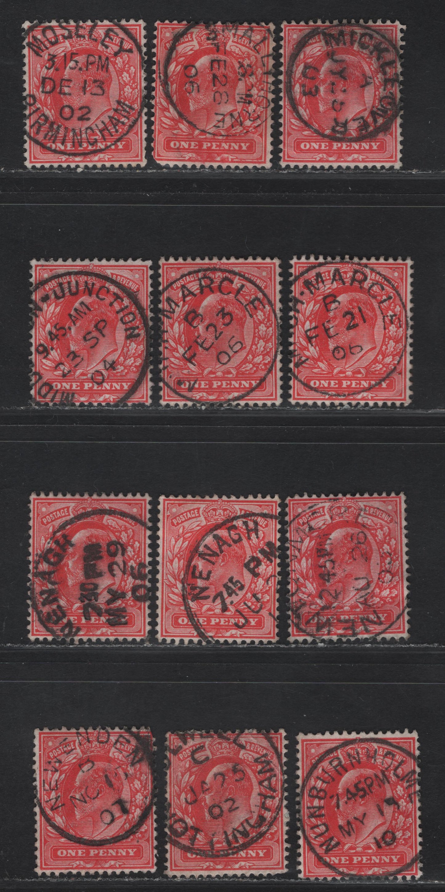 Lot 205 Great Britain SC#128 (SG#219-220) 1d Scarlet - Bright Scarlet King Edward VII, 1902-1910 King Edward VII Issue,  Fine/Very Fine Used Singles, M & N Single Circle Village/Town CDS Cancels