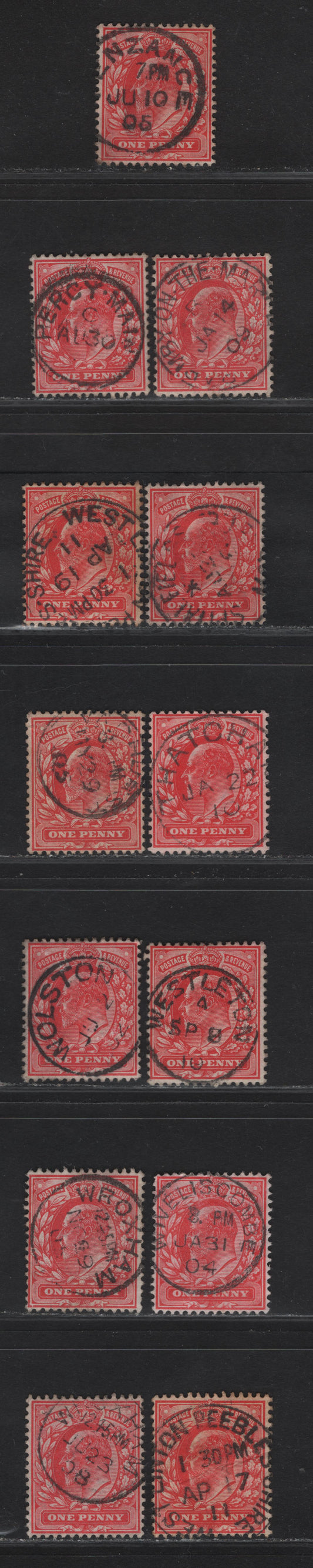 Lot 206 Great Britain SC#128&var (SG#219-220 (Spec M5(1)-MS(3))) 1d Scarlet - Deep Bright Scarlet King Edward VII, 1902-1910 King Edward VII Issue,  Fine/Very Fine Used Singles, P, S, T, V & W Single Circle Village/Town CDS Cancels