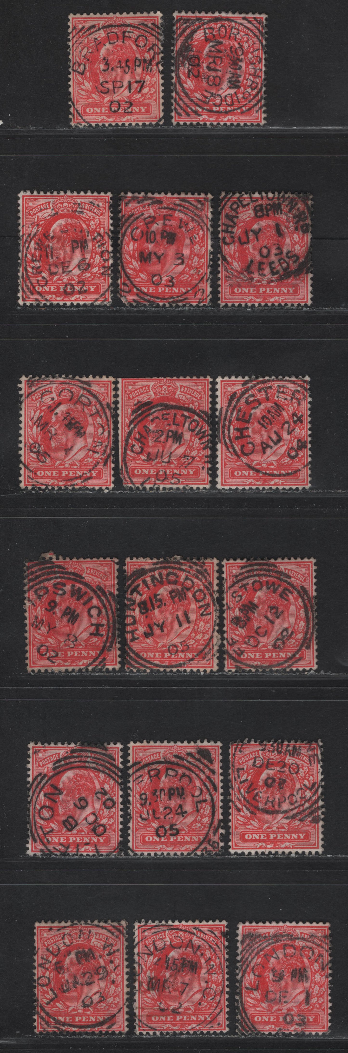 Lot 207 Great Britain SC#128 (SG#219-220) 1d Scarlet - Bright Scarlet King Edward VII, 1902-1910 King Edward VII Issue,  Fine/Very Fine Used Singles, B-L Squared Circle Village/Town Cancels