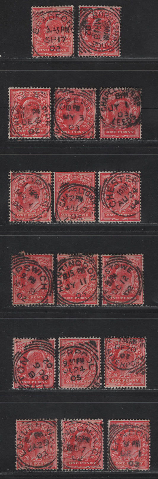 Lot 207 Great Britain SC#128 (SG#219-220) 1d Scarlet - Bright Scarlet King Edward VII, 1902-1910 King Edward VII Issue,  Fine/Very Fine Used Singles, B-L Squared Circle Village/Town Cancels