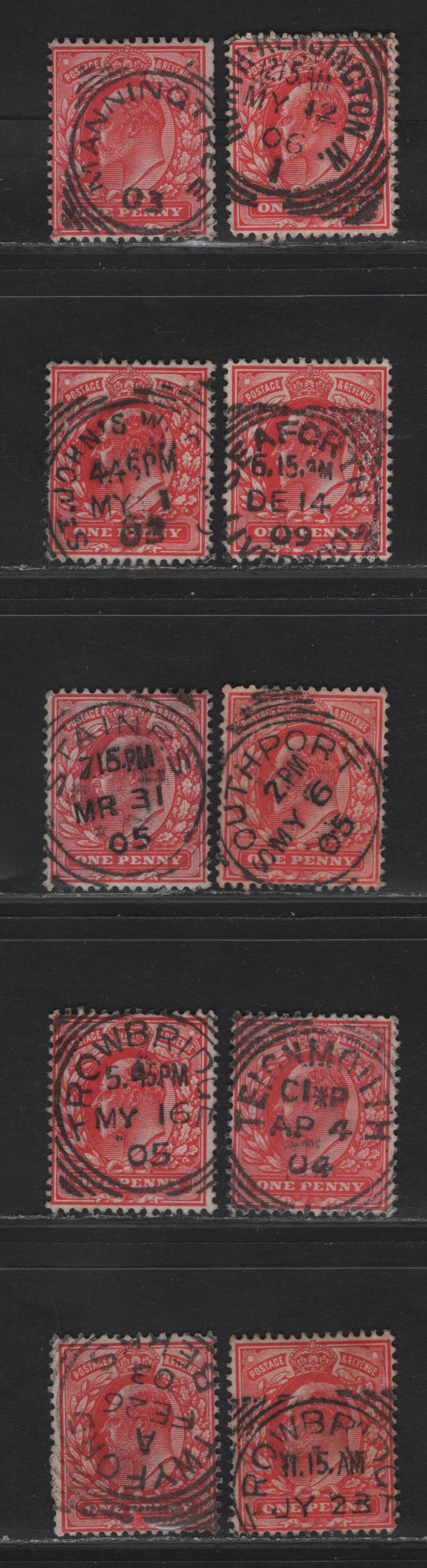 Lot 208 Great Britain SC#128&var (SG#219-220 (Spec M5(1)-M5(3))) 1d Scarlet - Deep Bright Scarlet King Edward VII, 1902-1910 King Edward VII Issue,  Fine/Very Fine Used Singles, U-T Squared Circle Village/Town Cancels