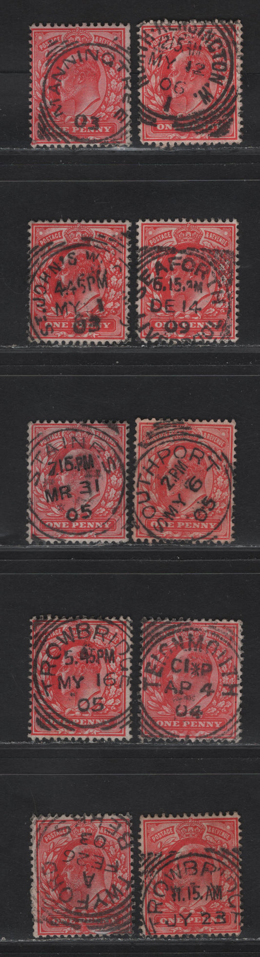 Lot 208 Great Britain SC#128&var (SG#219-220 (Spec M5(1)-M5(3))) 1d Scarlet - Deep Bright Scarlet King Edward VII, 1902-1910 King Edward VII Issue,  Fine/Very Fine Used Singles, U-T Squared Circle Village/Town Cancels