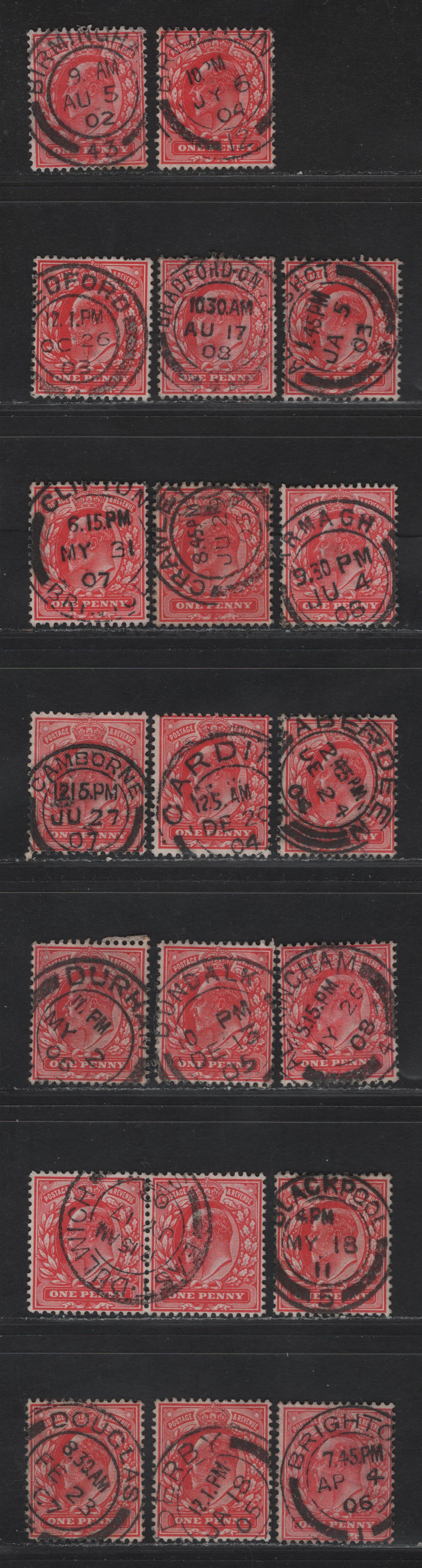 Lot 209 Great Britain SC#128&var (SG#219-220 (Spec M5(1)-M5(3))) 1d Scarlet - Deep Bright Scarlet King Edward VII, 1902-1910 King Edward VII Issue,  Fine/Very Fine Used Singles, A-D Single Bar Barell Town/Village CDS Cancels