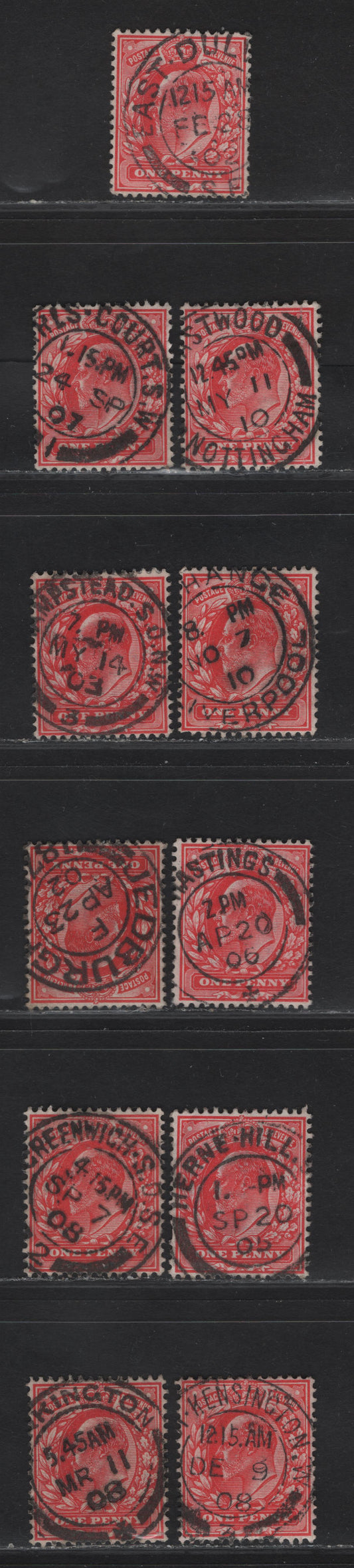 Lot 210 Great Britain SC#128 (SG#219-220) 1d Scarlet - Bright Scarlet King Edward VII, 1902-1910 King Edward VII Issue,  Fine/Very Fine Used Singles, E-K Single Bar Barell Town/Village CDS Cancels  .