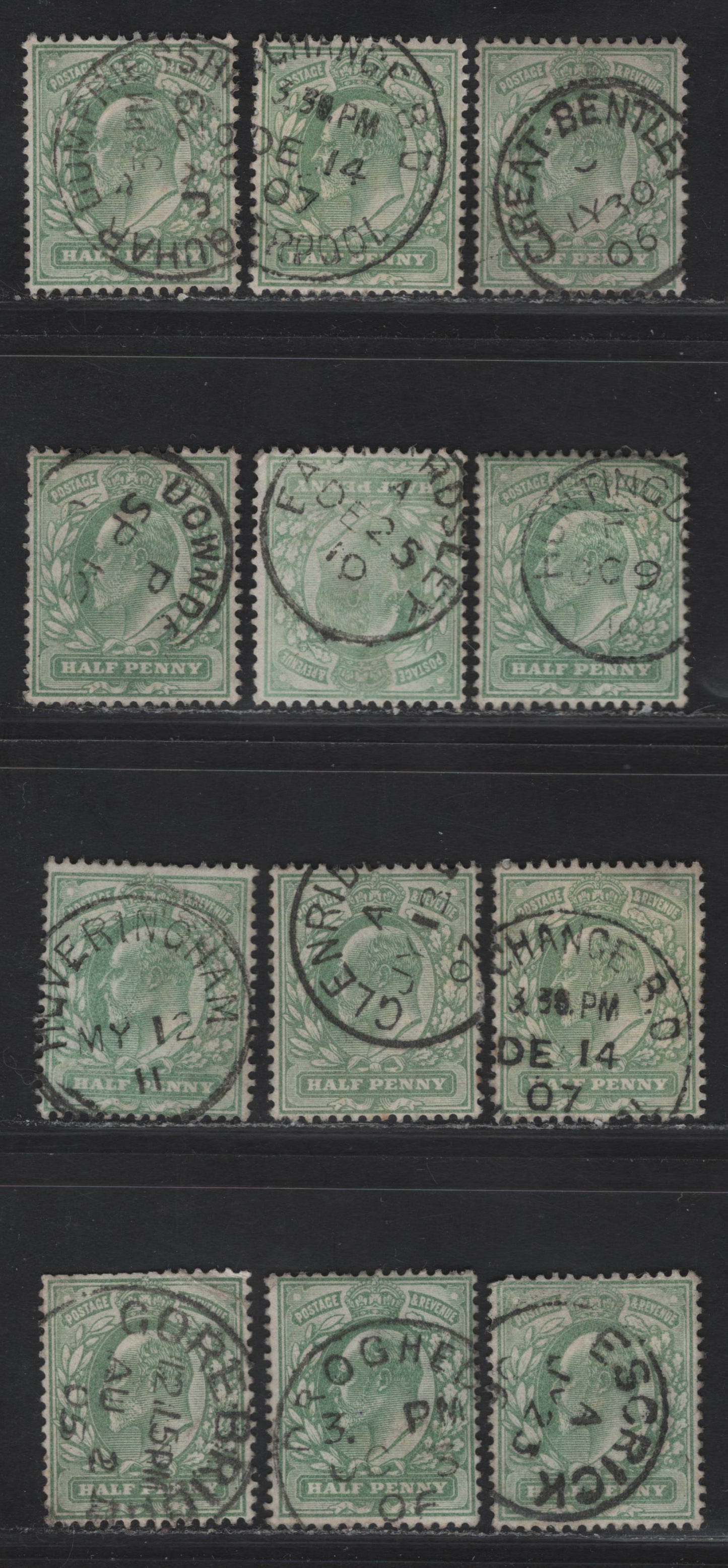 Lot 21 Great Britain SC#143a (SG#218) 1/2d Yellowish Green King Edward VII, 1902-1910 King Edward VII Issue,  Fine/Very Fine Used Singles, Single Circle CDS Cancels, D-H Towns & Villages