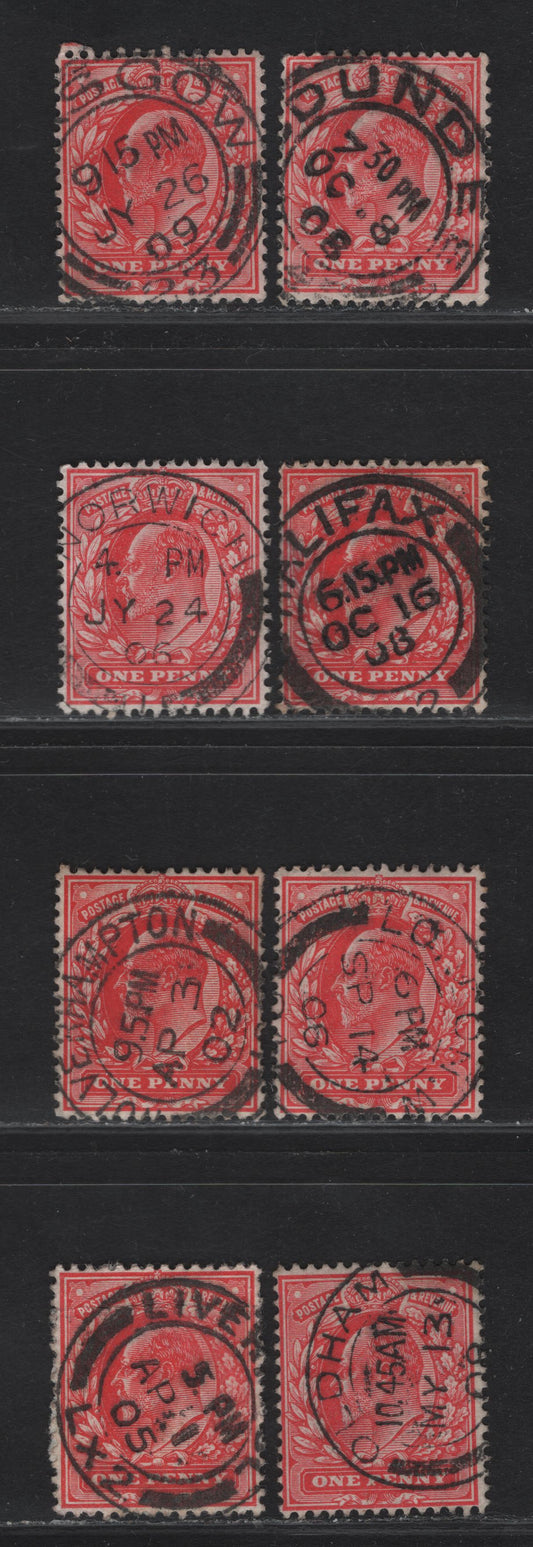 Great Britain SC#128 (SG#219-220) 1d Scarlet - Bright Scarlet King Edward VII, 1902-1910 King Edward VII Issue,  Fine/Very Fine Used Singles, D-W Single Bar Barrel CDS Town Cancels