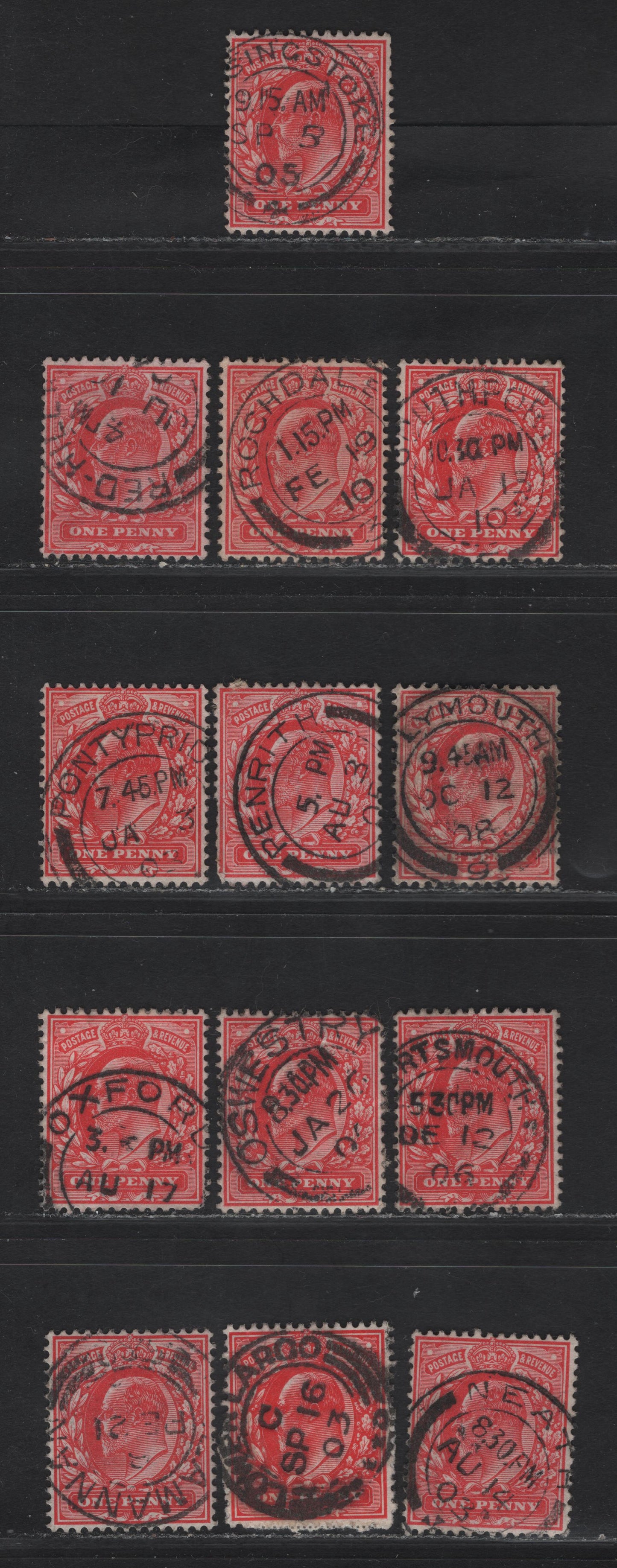 Lot 212 Great Britain SC#128&var (SG#219-220 (Spec M5(1)-M5(3))) 1d Scarlet - Deep Bright Scarlet King Edward VII, 1902-1910 King Edward VII Issue,  Fine/Very Fine Used Singles, L-S Single Bar barell CDS Village/Town Cancels