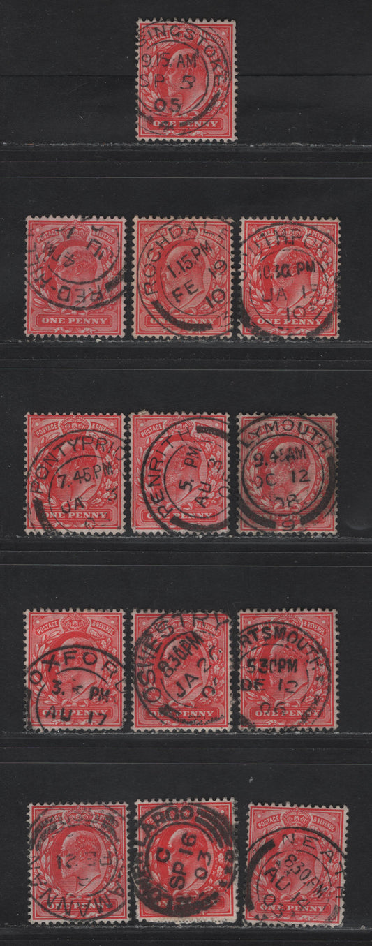 Lot 212 Great Britain SC#128&var (SG#219-220 (Spec M5(1)-M5(3))) 1d Scarlet - Deep Bright Scarlet King Edward VII, 1902-1910 King Edward VII Issue,  Fine/Very Fine Used Singles, L-S Single Bar barell CDS Village/Town Cancels