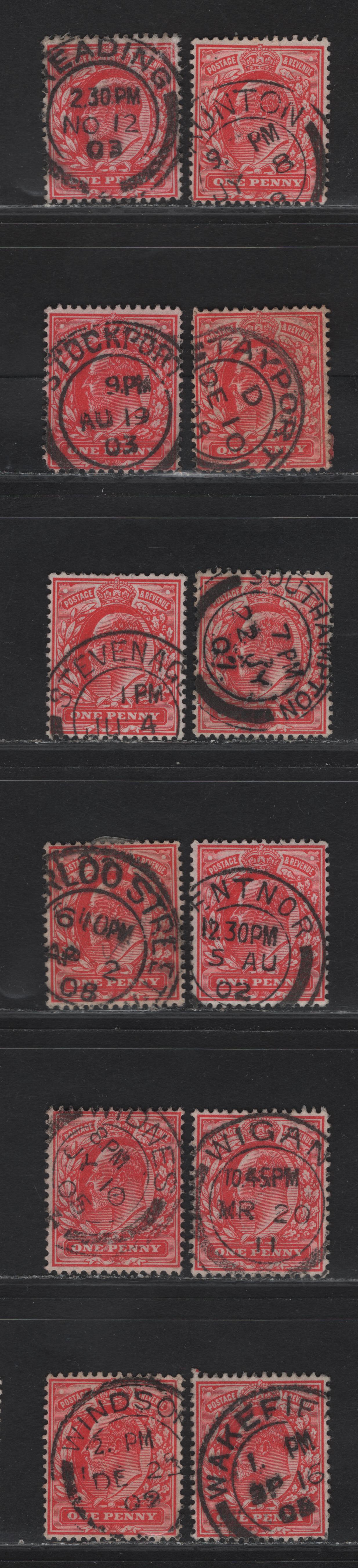 Lot 213 Great Britain SC#128 (SG#219-220) 1d Scarlet - Bright Scarlet King Edward VII, 1902-1910 King Edward VII Issue,  Fine/Very Fine Used Singles, R-W Single Bar Barell CDS Town/Village Cancels