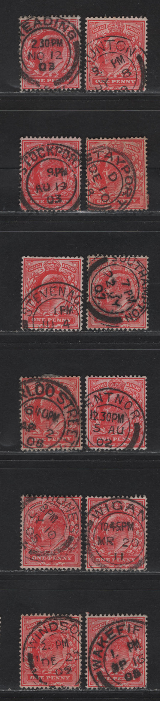 Lot 213 Great Britain SC#128 (SG#219-220) 1d Scarlet - Bright Scarlet King Edward VII, 1902-1910 King Edward VII Issue,  Fine/Very Fine Used Singles, R-W Single Bar Barell CDS Town/Village Cancels