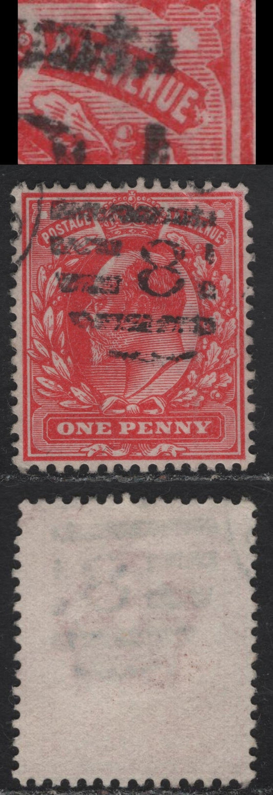 Lot 214 Great Britain SC#128var (SG#220var) 1d Bright Scarlet King Edward VII, 1902-1910 King Edward VII Issue, A Fine/Very Fine Used Single, DLR Printing, Damaged 'Revenue' Panel At End, Unlisted Gibbons.