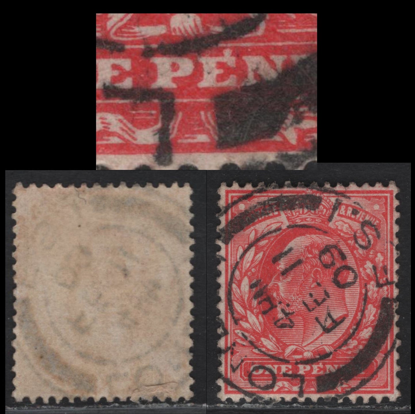 Great Britain SC#128var (SG#219) 1d Rose Scarlet King Edward VII, 1902-1910 King Edward VII Issue, A Very Fine Used Single, DLR Printing, Showing Blob on 'E' of 'Penny', Feb 11 1909 London Barrel CDS.