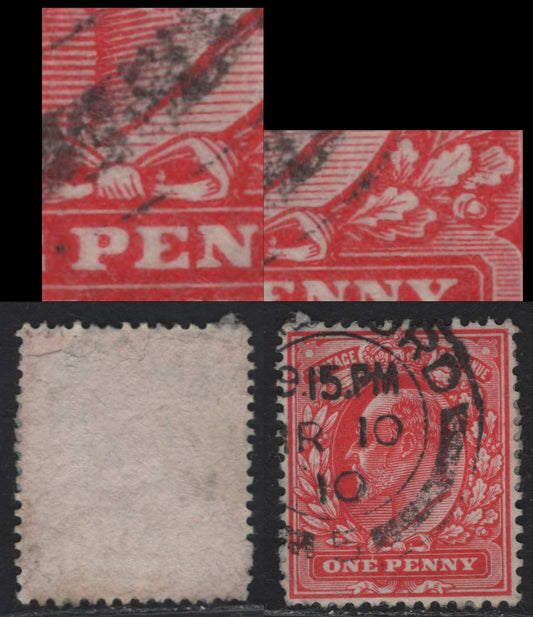 Lot 219 Great Britain SC#128var (SG#220var) 1d Bright Scarlet King Edward VII, 1902-1910 King Edward VII Issue, A Very Fine Used Single, DLR Printing, Vertical Flaw Above E Of Penny, White Blob Inside Bow, Unlisted In Gibbons.