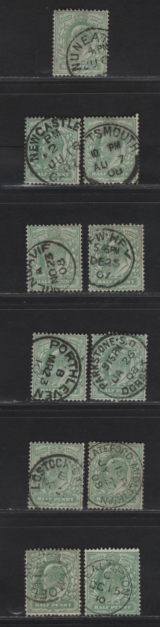 Lot 22 Great Britain SC#143a (SG#218) 1/2d Yellowish Green King Edward VII, 1902-1910 King Edward VII Issue,  Fine/Very Fine Used Singles, Single Circle CDS Cancels, L-R Towns & Villages