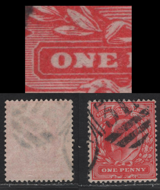 Lot 220 Great Britain SC#128var (SG#219var) 1d Scarlet King Edward VII, 1902-1910 King Edward VII Issue, A Fine Used Single, DLR Printing, Showing N of One Nearly Filled In At The Bottom, Unlisted In Gibbons.
