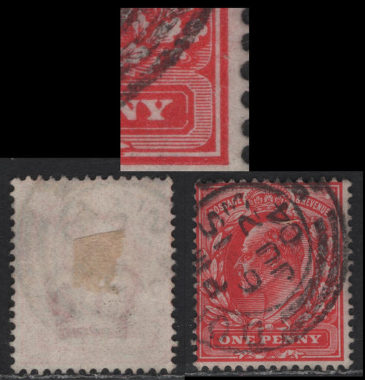 Lot 221 Great Britain SC#128var (SG#220var) 1d Bright Scarlet King Edward VII, 1902-1910 King Edward VII Issue, A Very Good Used Single, DLR Printing, Showing Broken Inner Frame Of Value Tablet At Right, Unlisted In Gibbons Specialized.