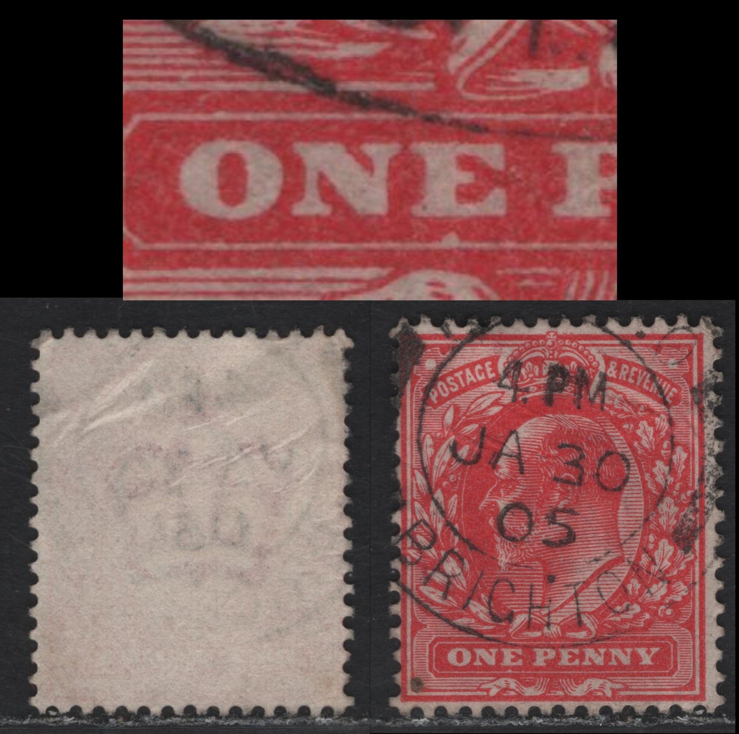 Great Britain SC#128var (SG#219) 1d Scarlet King Edward VII, 1902-1910 King Edward VII Issue, A Fine Used Single, DLR Printing, Showing White Flaw Under The E of One, Unlisted In Gibbons Specialized.