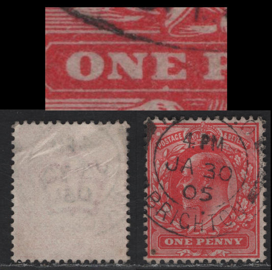Great Britain SC#128var (SG#219) 1d Scarlet King Edward VII, 1902-1910 King Edward VII Issue, A Fine Used Single, DLR Printing, Showing White Flaw Under The E of One, Unlisted In Gibbons Specialized.