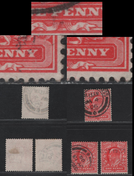 Lot 223 Great Britain SC#128var (SG#219var, 220var) 1d Scarlet - Bright Scarlet King Edward VII, 1902-1910 King Edward VII Issue, 2 Fine/Very Fine Used Single, DLR Printing, Minor Frame/Shading Breaks & Flaws