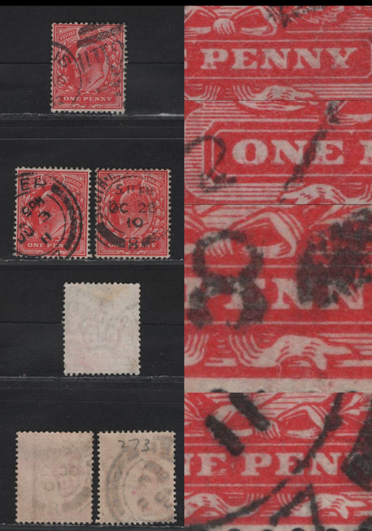 Great Britain SC#128var (SG#219var, 225var) 1d Scarlet King Edward VII, 1902-1910 King Edward VII Issue, 3 Fine/Very Fine Used Single, DLR Printing, Showing Various Shading Inside Letters Of 'One Penny'