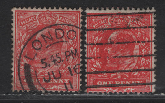 Great Britain SC#128a (SG#272) 1d Rose Red & Intense Rose Red King Edward VII, 1902-1910 King Edward VII Issue, 2 VG/Fine Used Singles, Harrison Printing, Perf 14