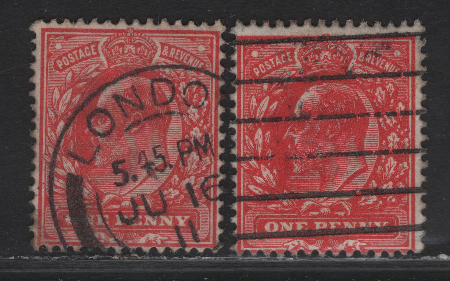 Lot 230 Great Britain SC#128a (SG#272) 1d Rose Red & Intense Rose Red King Edward VII, 1902-1910 King Edward VII Issue, 2 VG/Fine Used Singles, Harrison Printing, Perf 14
