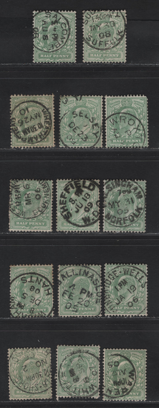Lot 23 Great Britain SC#143-143a (SG#217-218) 1/2d Pale Yellowish Green - Yellowish Green King Edward VII, 1902-1910 King Edward VII Issue,  Very Fine Used Singles, Single Circle CDS Cancels, S-Z Villages or Towns