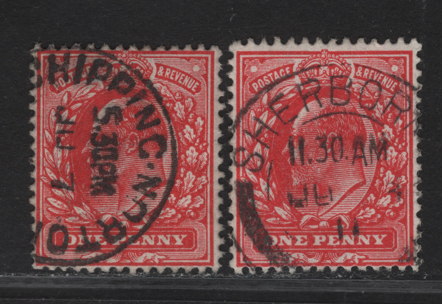 Lot 233 Great Britain SC#128a (SG#273) 1d Deep Rose Red & Deep Scarlet Red King Edward VII, 1902-1910 King Edward VII Issue, 2 Very Fine Used Singles, Harrison Printing, Perf 14, June 1911Sherbor… Cancel & Chipping - Norton CDS.