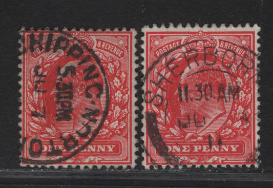 Lot 233 Great Britain SC#128a (SG#273) 1d Deep Rose Red & Deep Scarlet Red King Edward VII, 1902-1910 King Edward VII Issue, 2 Very Fine Used Singles, Harrison Printing, Perf 14, June 1911Sherbor… Cancel & Chipping - Norton CDS.