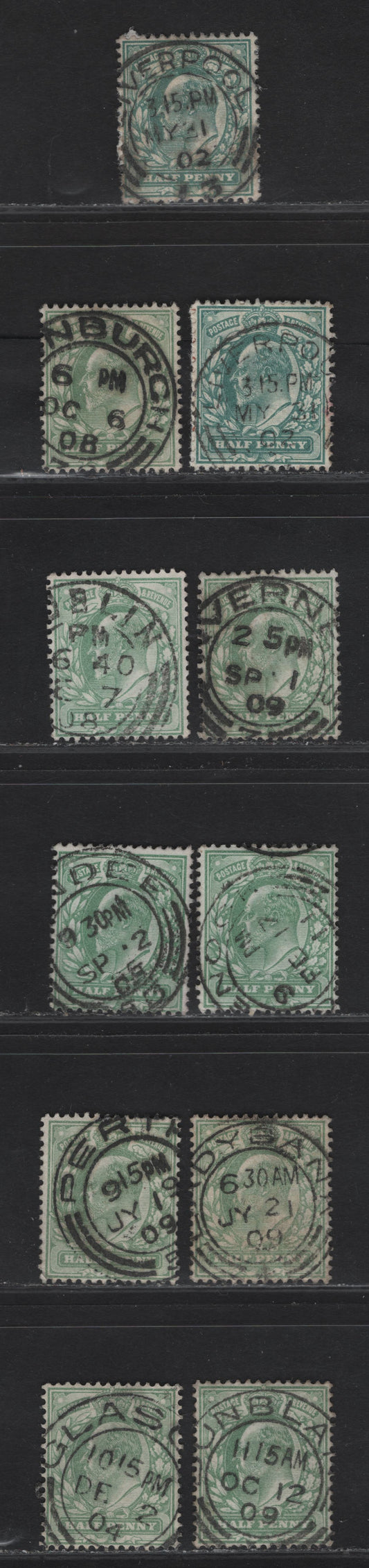Lot 24 Great Britain SC#127a, 143 (SG#216-218) 1/2d Blue Green - Pale Yellowish Green King Edward VII, 1902-1910 King Edward VII Issue,  Fine/Very Fine Used Singles, Double Lined Barrel CDS Cancels.