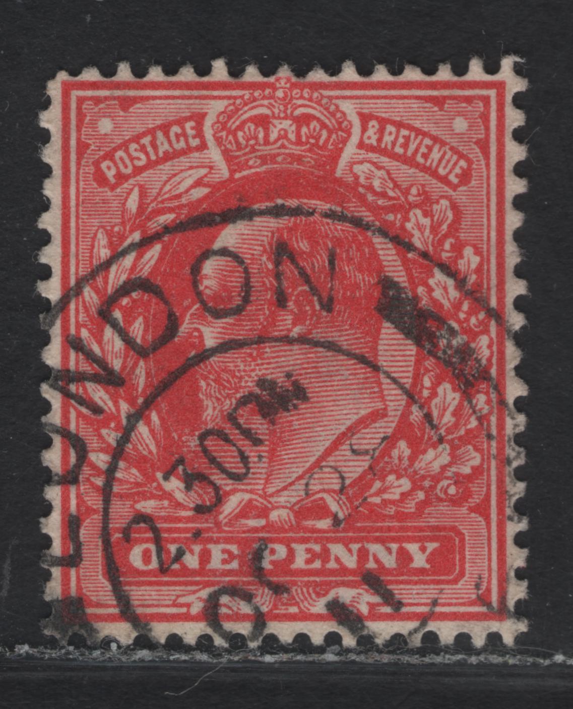 Lot 245 Great Britain SC#147bvar (SG#280 (Spec M7(2))) 1d Deep Rose Red King Edward VII, 1902-1910 King Edward VII Issue, A Very Fine Used Single, Harrison Printing, Perf 15x14, October 28 1911 London CDS.