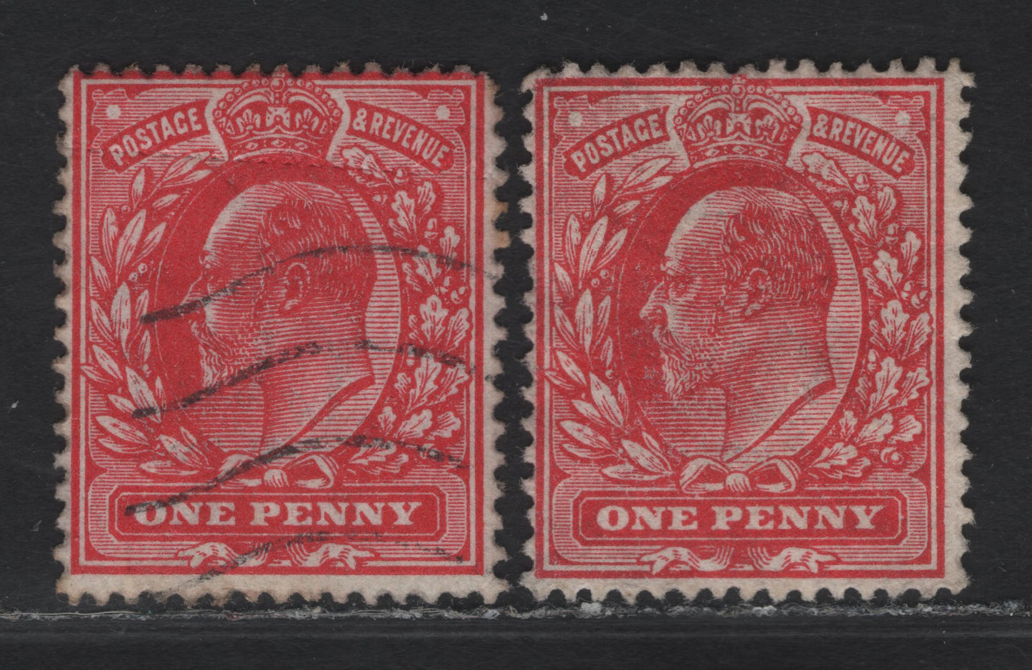 Lot 246 Great Britain SC#147 (SG#281 (Spec M7(5) & M7(6)))1d Rose Carmine - Deep Rose Carmine King Edward VII, 1902-1910 King Edward VII Issue, 2 Fine Used Singles, Harrison Printing, Perf 15x14