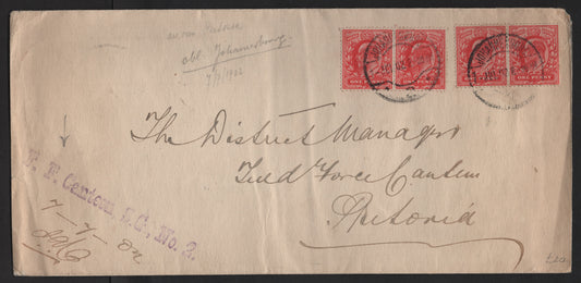 Lot 247 Great Britain SC#128 (SG#219) 1d Scarlet King Edward VII, 1902-1910 King Edward VII Issue, A Fine Used Cover, Franked With 2 Pairs, Cover To Pretoria, South Africa, Paying The 4d Rate, Sent July 7 1902.