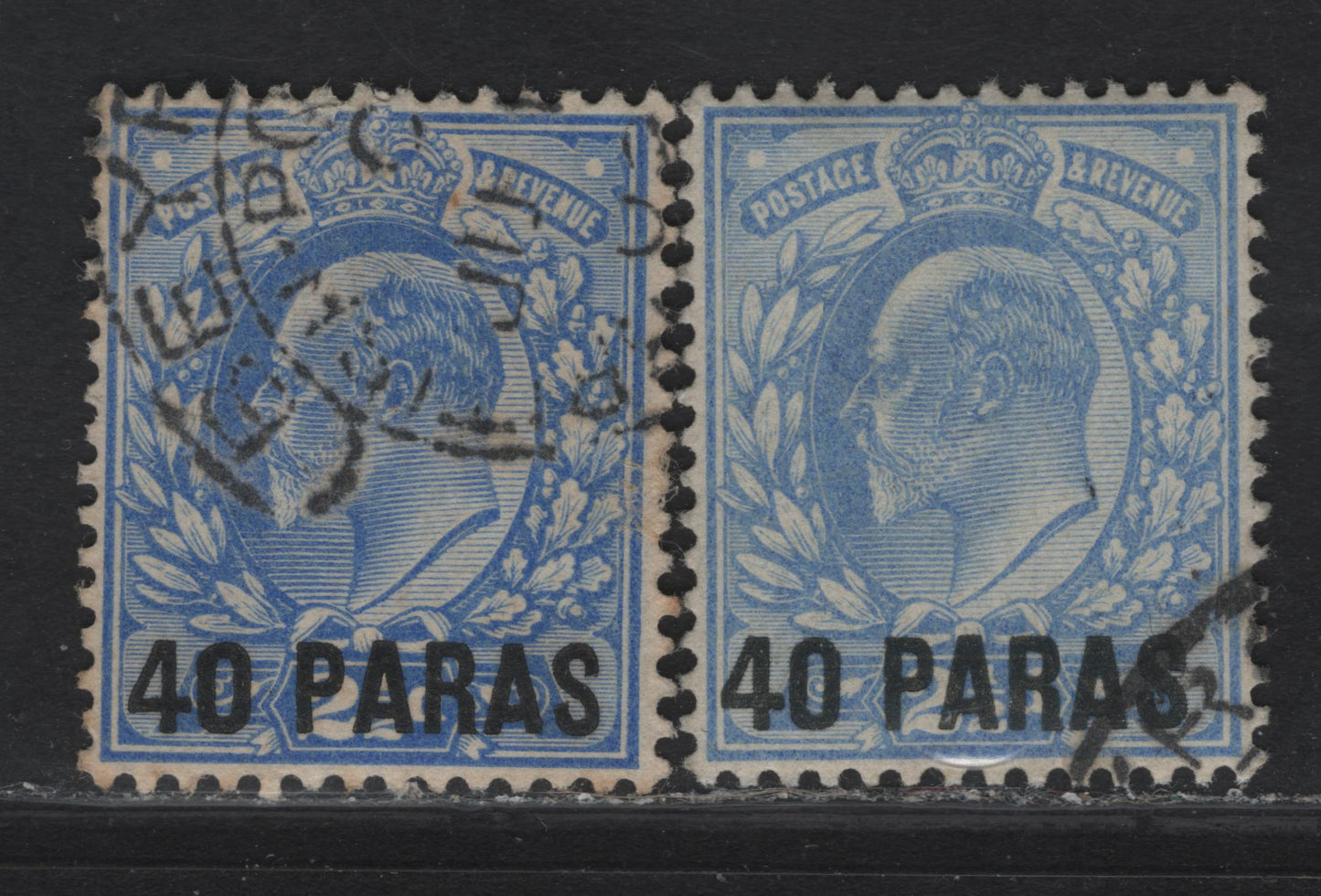 Lot 250 British Levant SG#8, 8a 40pa on 2.5d Ultramarine - Pale Ultramarine King Edward VII, 1902-1905 King Edward VII Issue, 2 Very Fine Used Singles, Dark & Light Overprints, Gray Black & Jet Black Fonts, Jet Black Is The Normal Font.