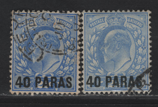 British Levant SG#8, 8a 40pa on 2.5d Ultramarine - Pale Ultramarine King Edward VII, 1902-1905 King Edward VII Issue, 2 Very Fine Used Singles, Dark & Light Overprints, Gray Black & Jet Black Fonts, Jet Black Is The Normal Font.