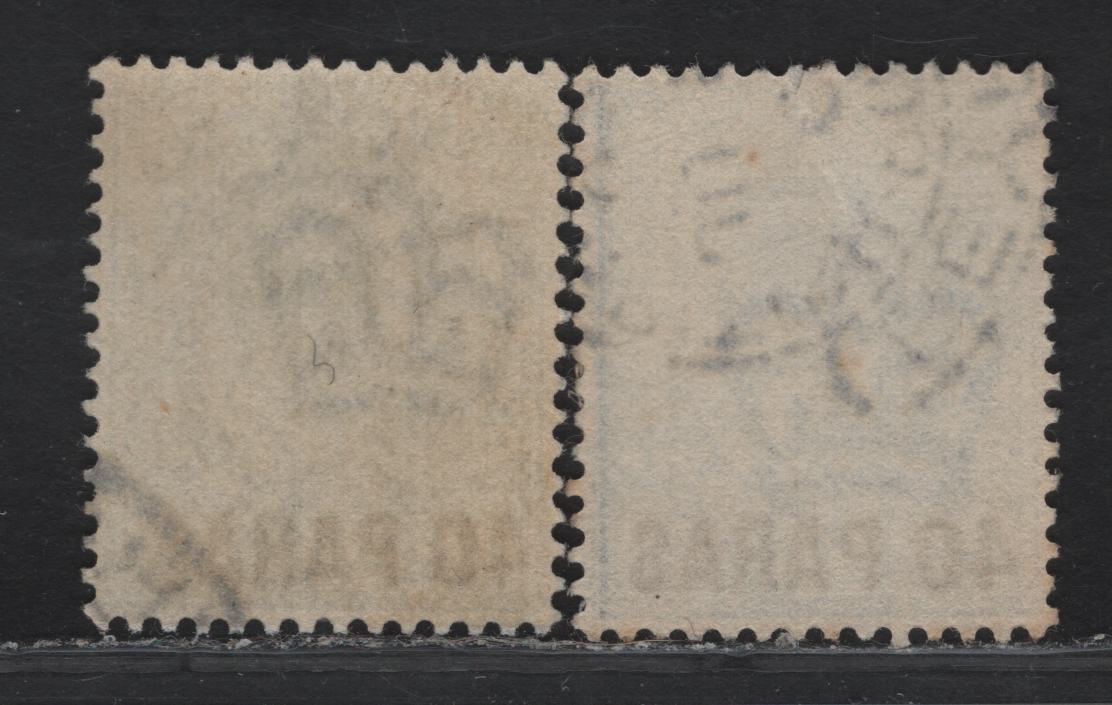 British Levant SG#8, 8a 40pa on 2.5d Ultramarine - Pale Ultramarine King Edward VII, 1902-1905 King Edward VII Issue, 2 Very Fine Used Singles, Dark & Light Overprints, Gray Black & Jet Black Fonts, Jet Black Is The Normal Font.