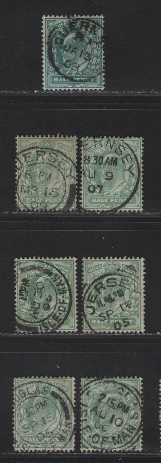 Lot 25 Great Britain SC#127a, 143 (SG#216, 218) 1/2d Blue Green - Yellowish Green King Edward VII, 1902-1910 King Edward VII Issue,  Fine/Very Fine Used Singles, Channel Islands Cancels.
