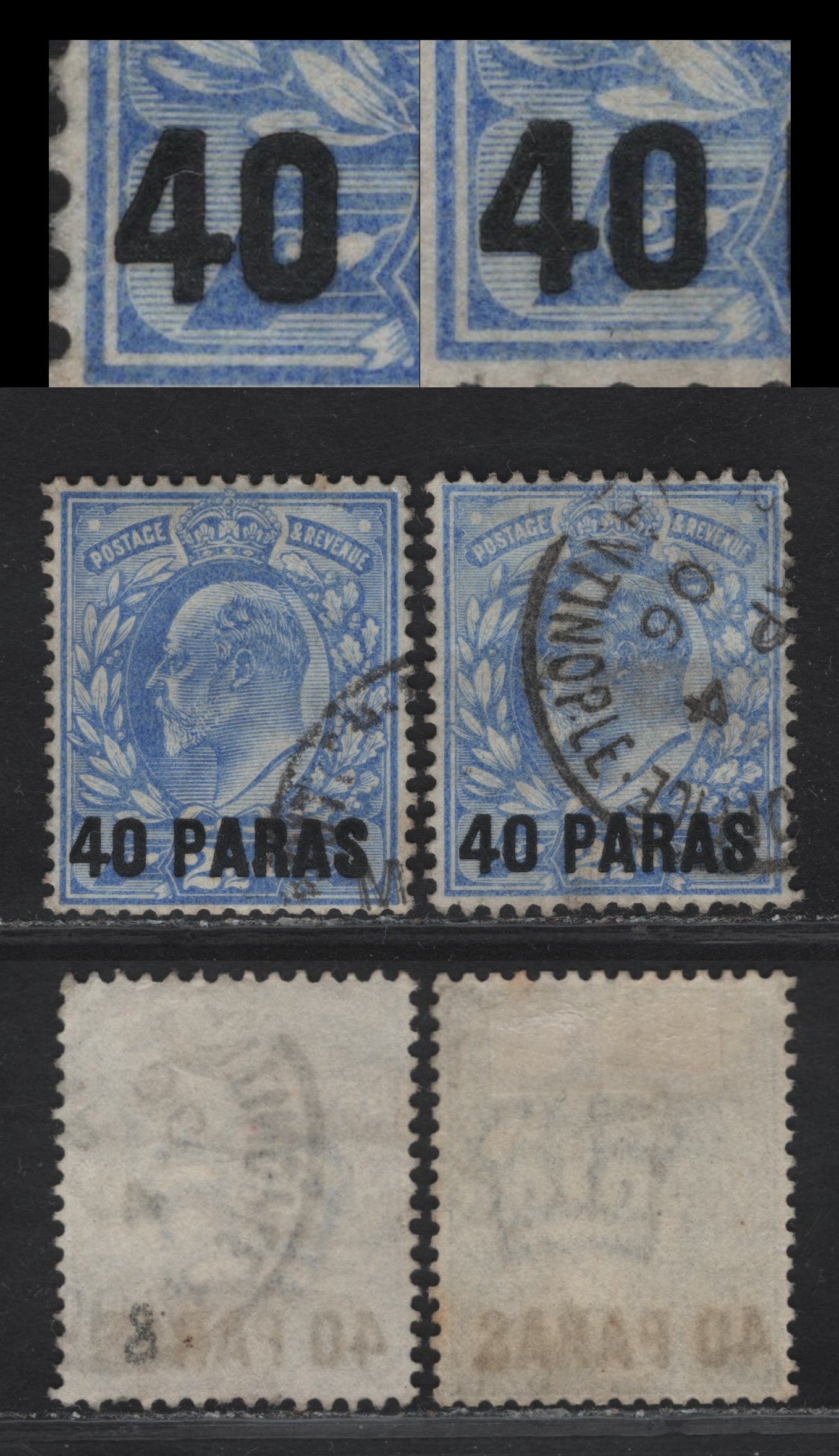 Lot 251 British Levant SG#8 40pa on 2.5d Ultramarine King Edward VII, 1902-1905 King Edward VII Issue, 2 Very Fine Used Singles, Normal Overprint & Slanted 'O', Unlisted