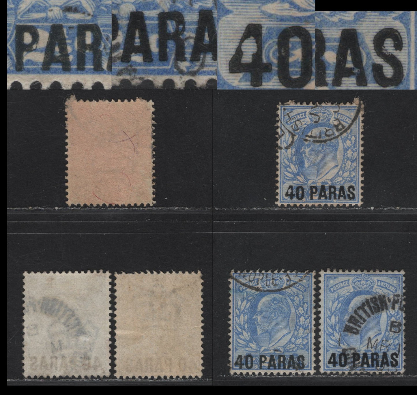 Lot 252 British Levant SG#8a 40pa on 2.5d Pale Ultramarine King Edward VII, 1902-1905 King Edward VII Issue, 3 Very Fine Used Singles, Damaged Overprints, Damaged P & E, Damaged R & Damaged 4, P & A, Small Internal Wrinkle On First Stamp.