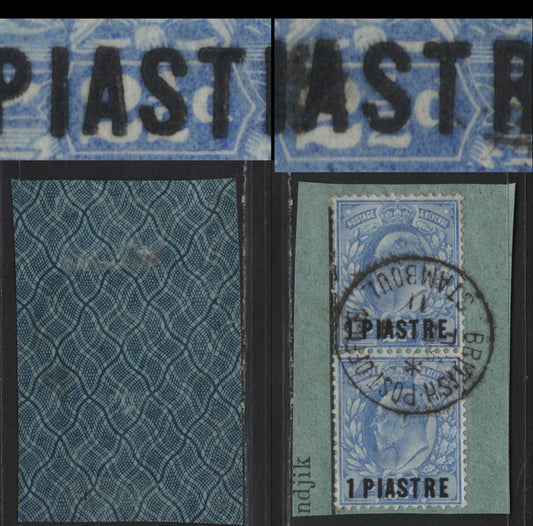 Lot 253 British Levant SG#13 1pi on 2.5d Ultramarine King Edward VII, 1902-1905 King Edward VII Issue, A Very Fine Used Pair on Piece, Filled In A In Piastre, Top Stamp In A Vertical Pair Tied To Small Piece By 1911 Istanbul Cancel, Unlisted