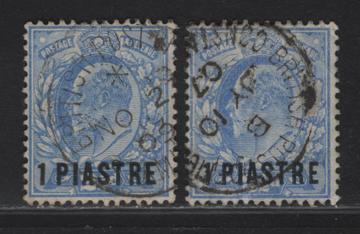 Lot 254 British Levant SG#13var 1pi on 2.5d Ultramarine King Edward VII, 1902-1905 King Edward VII Issue, 2 Fine/Very Fine Used Singles, Wmk Crown, Right Vertical Border Line & Crown & Portion Of Sheet Margin 'Postage' Wmk