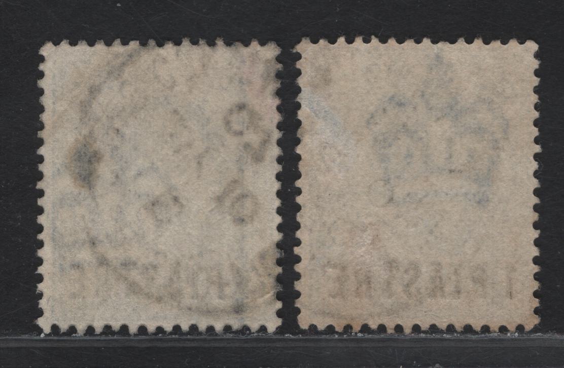 Lot 254 British Levant SG#13var 1pi on 2.5d Ultramarine King Edward VII, 1902-1905 King Edward VII Issue, 2 Fine/Very Fine Used Singles, Wmk Crown, Right Vertical Border Line & Crown & Portion Of Sheet Margin 'Postage' Wmk