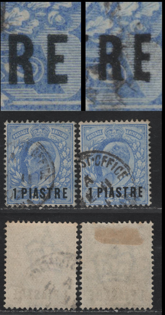 Lot 255 British Levant SG#13var 1pi on 2.5d Ultramarine King Edward VII, 1902-1905 King Edward VII Issue, 2 Very Fine Used Singles, Shaved E With Normal For Comparison