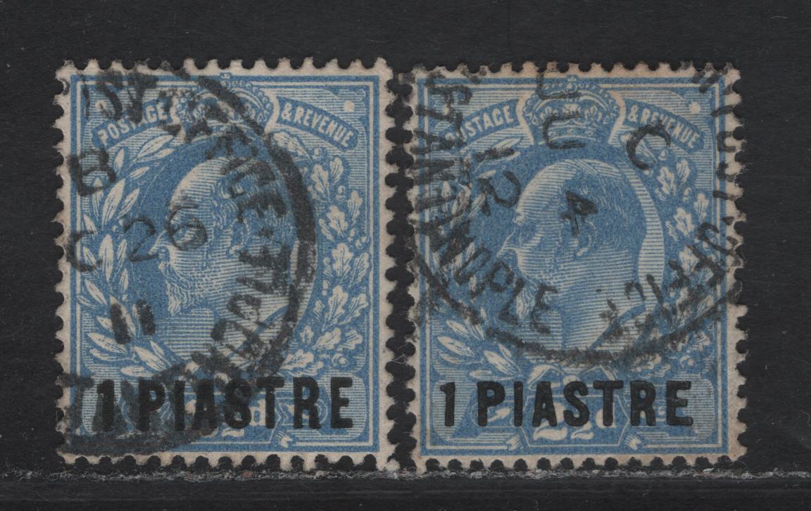 Lot 258 British Levant SG#25, 27 1pi on 2.5d Bright Blue King Edward VII, 1902-1905 King Edward VII Issue, 2 Very Fine Used Singles, Harrison Printings, Perf 14 With Overprint Type 14 & Overprint Type 8 With Perf 15x14