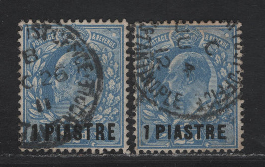 Lot 258 British Levant SG#25, 27 1pi on 2.5d Bright Blue King Edward VII, 1902-1905 King Edward VII Issue, 2 Very Fine Used Singles, Harrison Printings, Perf 14 With Overprint Type 14 & Overprint Type 8 With Perf 15x14